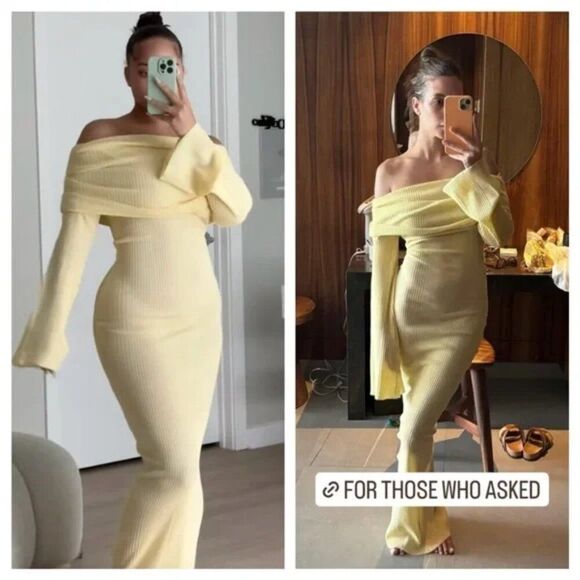 NWT SER.O.YA Maxi Dress Butter Yellow Knit Galleria Off Shoulder size M - Picture 1 of 10